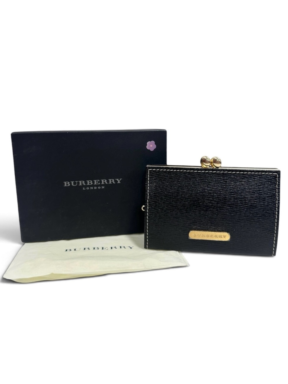 Burberry Black Leather & Nova Check Kisslock Card & Coin Purse with Box